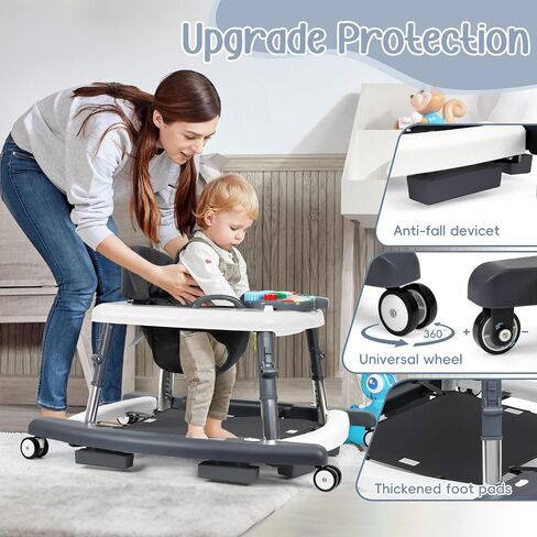 5-in-1 Music and Lights Foldable Baby Walker, Baby Walker with Wheels Portable with 5 Adjustable Heights, Infant Toddler Walker for Baby Boy Girls 6-18 Months（Grey） in Kuwait