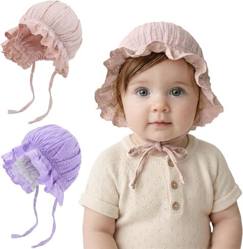 DRESHOW BQUBO Baby Bonnet Lace Cotton Baptism Bonnet for Baby Girls Newborn Soft Warm Cap Hospital Hat Sleepy Hat with Tie in Kuwait