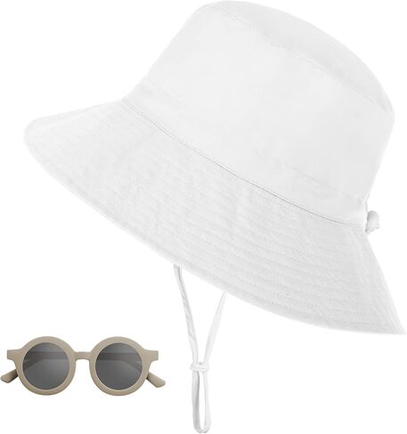 Baby Sun Hat with Sunglasses, UPF 50+ Wide Brim Kids Bucket Hat with Neck Protection, Adjustable Beach Hats for Boys & Girls in Kuwait