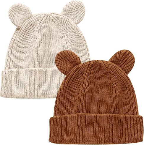 Hadetoto Cotton Baby Beanie Winter Knitted Hat, 2 Pack | Bear Ear Design, Infant Toddler Boys Girls, Soft Warm, Skull Cap in Kuwait