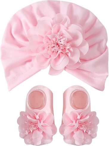 Flower Turban Hat& Socks Set for Baby Unisex Boy Girl Cute Knotted Hat Rubber Soles Socks Newborns Shower Gift Set Light Pink in Kuwait