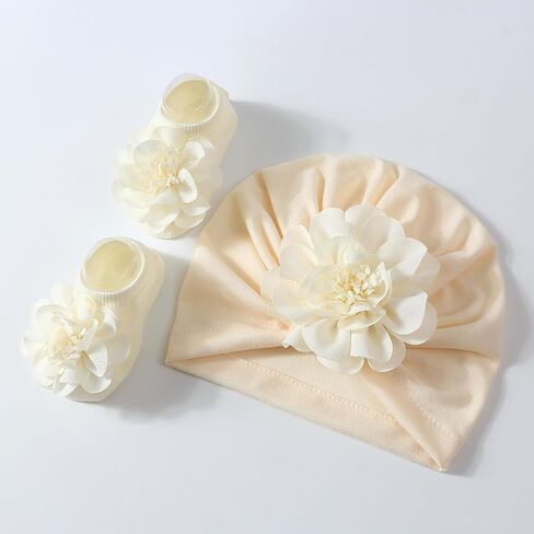 Flower Turban Hat& Socks Set for Baby Unisex Boy Girl Cute Knotted Hat Rubber Soles Socks Newborns Shower Gift Set Light Pink in Kuwait