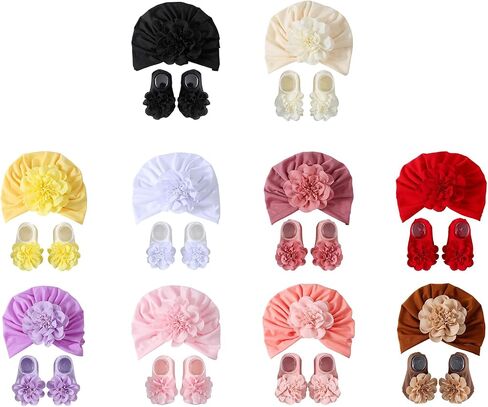 Flower Turban Hat& Socks Set for Baby Unisex Boy Girl Cute Knotted Hat Rubber Soles Socks Newborns Shower Gift Set Light Pink in Kuwait