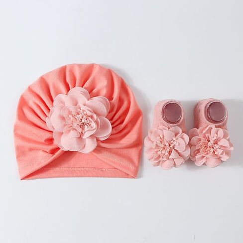 Flower Turban Hat& Socks Set for Baby Unisex Boy Girl Cute Knotted Hat Rubber Soles Socks Newborns Shower Gift Set Light Pink in Kuwait