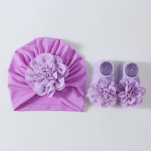 Flower Turban Hat& Socks Set for Baby Unisex Boy Girl Cute Knotted Hat Rubber Soles Socks Newborns Shower Gift Set Light Pink in Kuwait