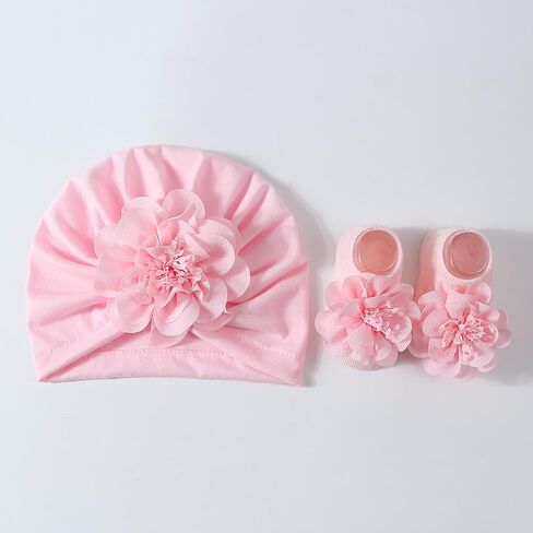 Flower Turban Hat& Socks Set for Baby Unisex Boy Girl Cute Knotted Hat Rubber Soles Socks Newborns Shower Gift Set Light Pink in Kuwait