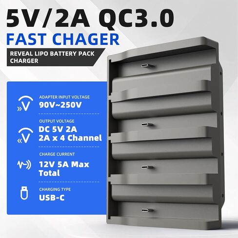SAPBJ 4 Port 5V/2A Fast Charger for Reveal Lithium Cartridge V1 & V2 | Charging for TACTACAM Reveal Lipo Lithium-ion Battery Pack, 4 Independent Charging Channels with Indicator in Kuwait