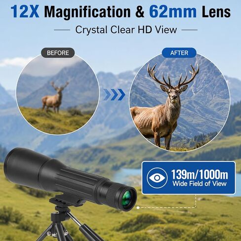 12X62 HD Monocular Telescope with Metal Tripod, 62mm Large Objective BAK4 Prism FMC Coated IPX7 Waterproof Fogproof Monocular for Bird Watching Concert Hunting Stargazing Hiking in Saudi Arabia