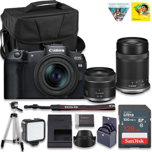 Canon EOS R8 Full-Frame Mirrorless Camera w/RF24-50mm F4.5-6.3 is STM Lens, 24.2 MP, 4K Video, DIGIC X Image Processor, Subject Detection & Tracking, Compact + 128GB Card + Camera Case in Kuwait