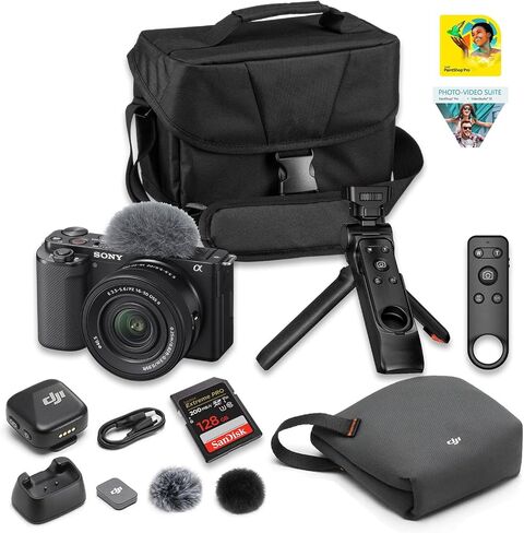 Sony ZV-E10 Mirrorless Vlog Camera (Black) with 16-50mm II Lens & DJI Mic Mini Wireless Microphone | 24.2MP APS-C, 4K Video | Bundle: 128GB Card, Case + Corel Software in Kuwait