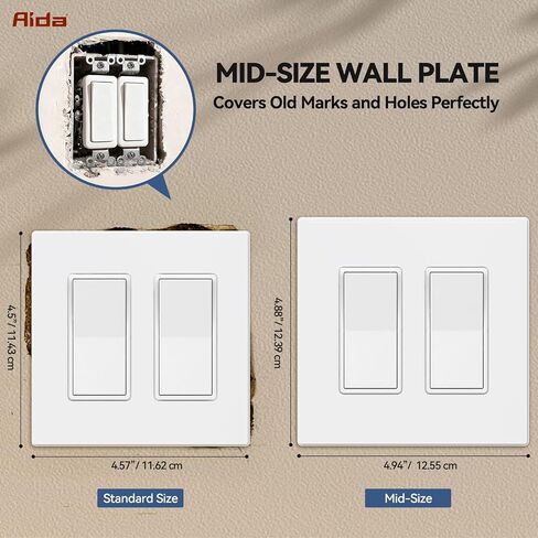 AIDA 2-Gang Midsize Screwless Decorative Light Switch Cover Plates, Decorative Wall Plates - Matte White, 4-Pack Unbreakable Thermoplastic Switch Plates, UL Listed, 4.8" H x 4.94" L in Kuwait