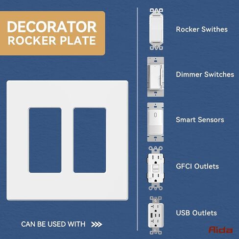 AIDA 2-Gang Midsize Screwless Decorative Light Switch Cover Plates, Decorative Wall Plates - Matte White, 4-Pack Unbreakable Thermoplastic Switch Plates, UL Listed, 4.8" H x 4.94" L in Kuwait