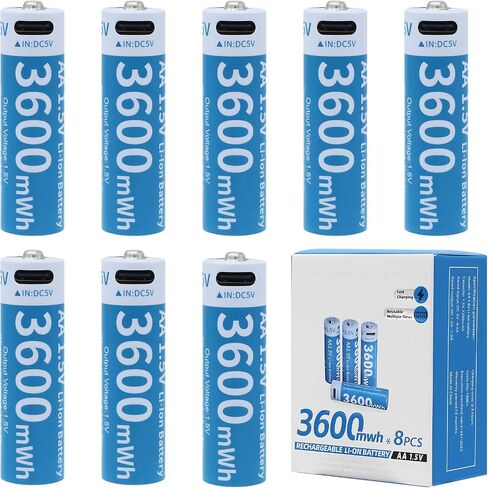 Rechargeable AA Lithium Battery - 8 Pack 1.5V 3600mWh AA Rechargeable Batteries with 4-in-1 USB C Fast Charging Cable High Capacity for High Consumption Camera Game Controller Flashlight in Kuwait
