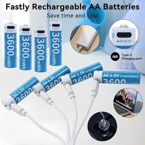 Rechargeable AA Lithium Battery - 8 Pack 1.5V 3600mWh AA Rechargeable Batteries with 4-in-1 USB C Fast Charging Cable High Capacity for High Consumption Camera Game Controller Flashlight in Kuwait