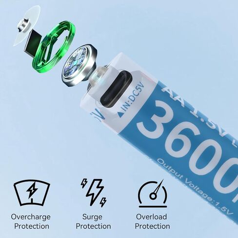 Rechargeable AA Lithium Battery - 8 Pack 1.5V 3600mWh AA Rechargeable Batteries with 4-in-1 USB C Fast Charging Cable High Capacity for High Consumption Camera Game Controller Flashlight in Kuwait