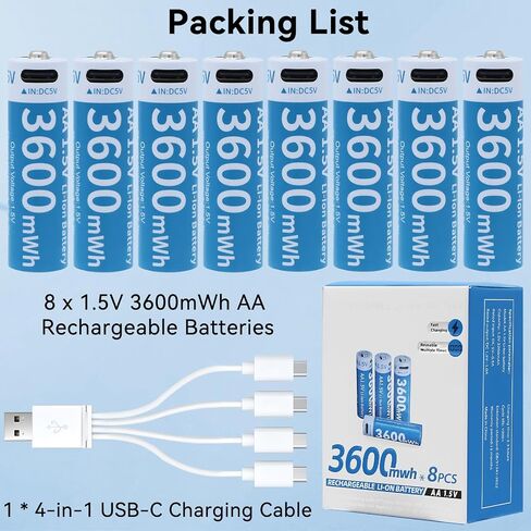 Rechargeable AA Lithium Battery - 8 Pack 1.5V 3600mWh AA Rechargeable Batteries with 4-in-1 USB C Fast Charging Cable High Capacity for High Consumption Camera Game Controller Flashlight in Kuwait