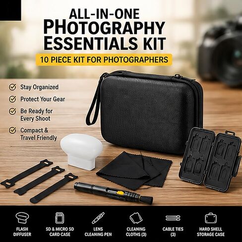Camera Bag Essentials Kit for Photographers – Emergency Camera Accessories Set with SD Card Case, Lens Pen, Flash Diffuser, Microfiber Cloths, Cable Ties & Hard Storage Case in Kuwait