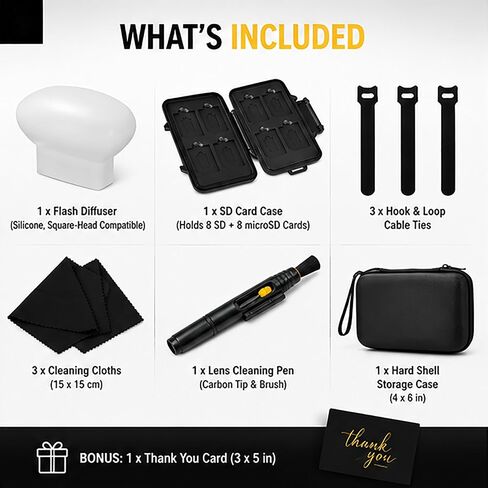 Camera Bag Essentials Kit for Photographers – Emergency Camera Accessories Set with SD Card Case, Lens Pen, Flash Diffuser, Microfiber Cloths, Cable Ties & Hard Storage Case in Kuwait