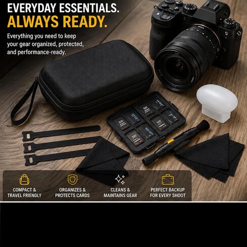Camera Bag Essentials Kit for Photographers – Emergency Camera Accessories Set with SD Card Case, Lens Pen, Flash Diffuser, Microfiber Cloths, Cable Ties & Hard Storage Case in Kuwait
