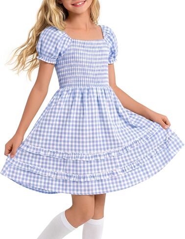 Girls Plaid Dress Kids Gingham Summer Dresses 5-14Y Square Neck Smocked Puff Sleeve Bow Back Cute Check Outfit in Kuwait
