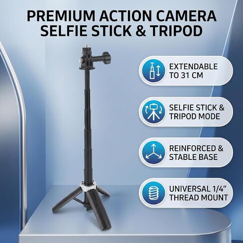 EBTOOLS Action Camera Selfie Stick Tripod, Extendable Portable 31cm 1/4 Inch Screw Adjustable Height, with Anti Slip Grip and Silicone Pads for Stable Support, Compatible with Motion Camer in Kuwait