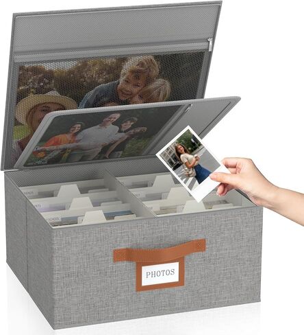 Decorative Photo Storage Box with Zipper Hold Up to 2000 4x6 Pictures,Beige | Linen Photo Box Organizer, 8 Dividers, Handle Design, Archival Memory Keepsake Boxes for Photo, Scrapbook, Cards, Stamps in Saudi Arabia