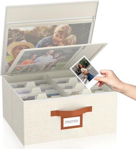 Decorative Photo Storage Box with Zipper Hold Up to 2000 4x6 Pictures,Beige | Linen Photo Box Organizer, 8 Dividers, Handle Design, Archival Memory Keepsake Boxes for Photo, Scrapbook, Cards, Stamps in Kuwait