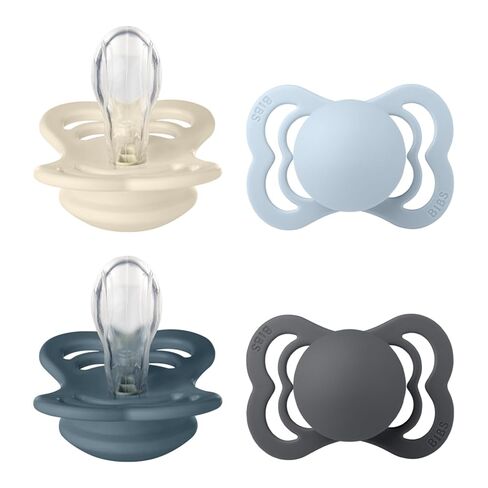 BIBS Supreme Pacifier, 6-18 Months, 4-Pack, Ivory/Baby Blue/Petrol/Iron | Symmetrical Silicone Nipple | Size 2 | BPA-Free | Made in Denmark | High Nipple Acceptance | Airflow Holes | Comfort Shield in Kuwait