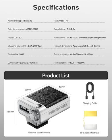 PHOTOOLEX G02 Mini Camera Flash GN10 45g USB-C Speedlite | Universal hot shoe. GN10 output. 6500K daylight color. 0.1s recycle. 45g pocket flash with USB-C fast charging in Kuwait