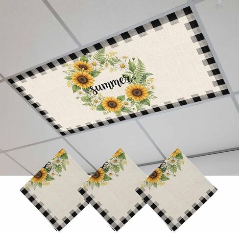 Fluorescent Light Covers, Summer Floral Magnetic Light Covers for Ceiling Lights, Watercolor Daisy Sunflowers Wreath Plaid Beige Fluorescent Ceiling Shade for Classroom Bedroom Office 4x2Ft x 3PCS in Kuwait