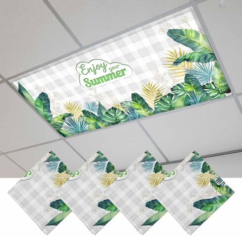 Fluorescent Light Covers, Summer Botanical Magnetic Light Covers for Ceiling Lights, Tropical Plants Monsteral Leaf Gray Plaid Fluorescent Ceiling Shade for Classroom Bedroom Office 4x2Ft x 4PCS in Kuwait