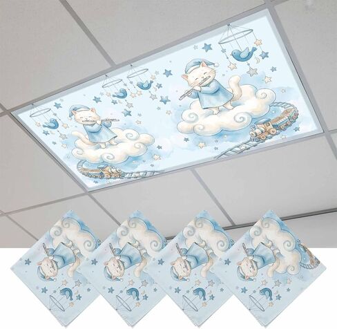 Fluorescent Light Covers, Blue Cartoon Cats Magnetic Light Covers for Ceiling Lights, Cute Cats Sleeping Dreams Clouds Fluorescent Ceiling Shade Filters for Classroom Bedroom Office 4x2Ft x 1PCS in Kuwait