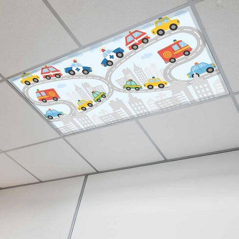 Fluorescent Light Covers, Blue Childlike Fun Magnetic Light Covers for Ceiling Lights, Abstract Modern City Car Silhouette Fluorescent Ceiling Shade Filters for Classroom Bedroom Office 4x2Ft x 1PCS in Kuwait
