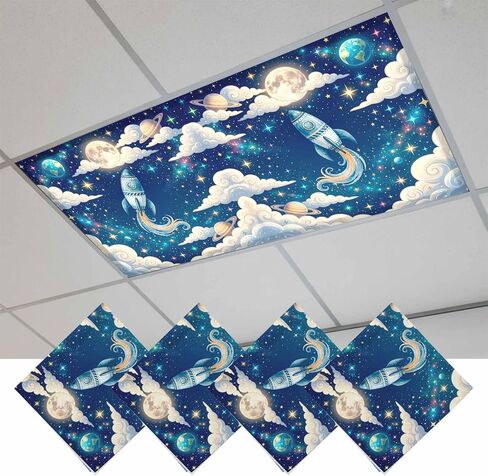 Fluorescent Light Covers, Children's Day Magnetic Light Covers for Ceiling Lights, Galaxy Universe Stars Starry Rocket Moon Fluorescent Ceiling Shade Filters for Classroom Bedroom Office 4x2Ft x 3PCS in Kuwait