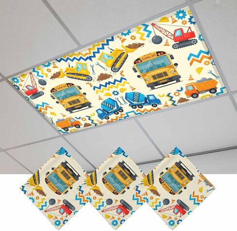 Fluorescent Light Covers, Yellow Cartoon Truck Magnetic Light Covers for Ceiling Lights, Cute Engineering Vehicle Fluorescent Ceiling Shade Filters for Classroom Bedroom Office 4x2Ft x 4PCS in Kuwait