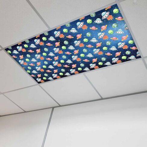 Fluorescent Light Covers, Navy Blue Spaceship Magnetic Light Covers for Ceiling Lights, Watercolor Cartoon Modern Abstract Art Fluorescent Ceiling Shade for Classroom Bedroom Office 4x2Ft x 1PCS in Kuwait