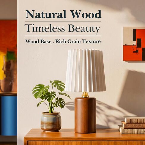 Pleated Table Lamp, Small Boho Decorative Nursery Nightstand Light, Solid Wood Base Pleated Shade Desk Lamp for Bedroom,Living Room, Office in Kuwait