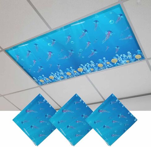 Fluorescent Light Covers, Coastal Jellyfish Magnetic Light Covers for Ceiling Lights, Nautical Coral Starfish Ocean Creatures Fluorescent Ceiling Shade for Classroom Bedroom Office 4x2Ft x 1PCS in Kuwait