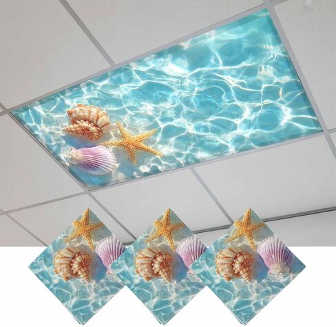 Fluorescent Light Covers, Teal Blue Summer Beach Magnetic Light Covers for Ceiling Lights, Coastal Waves Starfish Conch Shell Fluorescent Ceiling Shade for Classroom Bedroom Office 4x2Ft x 2PCS in Kuwait