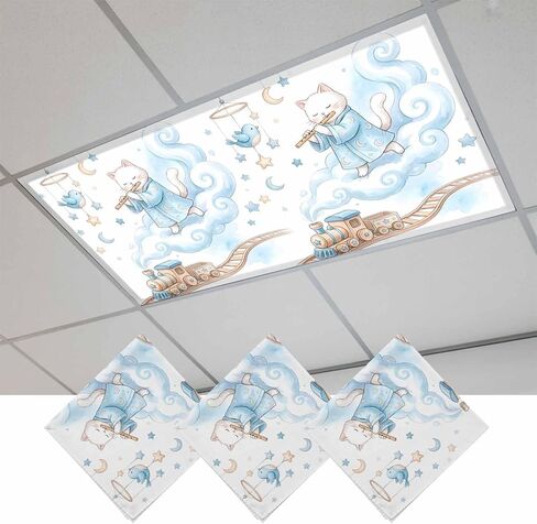 Fluorescent Light Covers, Blue Cartoon Cat Magnetic Light Covers for Ceiling Lights, Funny Cute Train Cloud Birds Star Moon Fluorescent Ceiling Shade Filters for Classroom Bedroom Office 4x2Ft x 4PCS in Kuwait