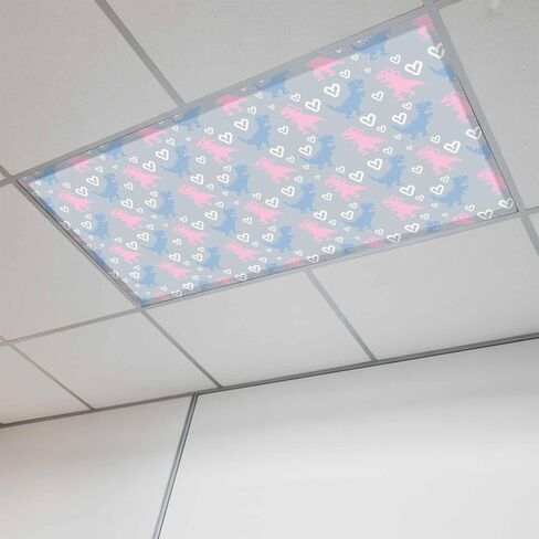 Fluorescent Light Covers, Blue Pink Dinosaur Magnetic Light Covers for Ceiling Lights, Cartoon Funny Cute Dino Love Heart Fluorescent Ceiling Shade Filters for Classroom Bedroom Office 4x2Ft x 3PCS in Kuwait