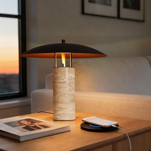 Mid-Century Modern Large Table Lamp, Natural Travertine Bedside Lamp with Matte Black Shade, Organic Nightstand Lamps for Bedroom, Kid Room, Nursery, Living Room Home Decor, G45 Bulb (Bulb Included) in Kuwait
