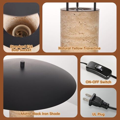 Mid-Century Modern Large Table Lamp, Natural Travertine Bedside Lamp with Matte Black Shade, Organic Nightstand Lamps for Bedroom, Kid Room, Nursery, Living Room Home Decor, G45 Bulb (Bulb Included) in Kuwait