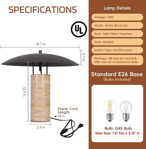 Mid-Century Modern Large Table Lamp, Natural Travertine Bedside Lamp with Matte Black Shade, Organic Nightstand Lamps for Bedroom, Kid Room, Nursery, Living Room Home Decor, G45 Bulb (Bulb Included) in Kuwait