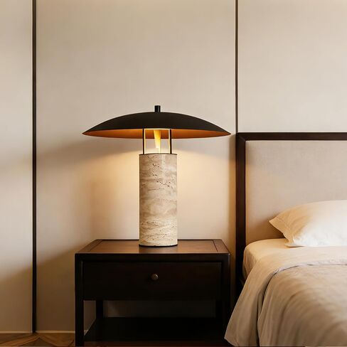 Mid-Century Modern Large Table Lamp, Natural Travertine Bedside Lamp with Matte Black Shade, Organic Nightstand Lamps for Bedroom, Kid Room, Nursery, Living Room Home Decor, G45 Bulb (Bulb Included) in Kuwait