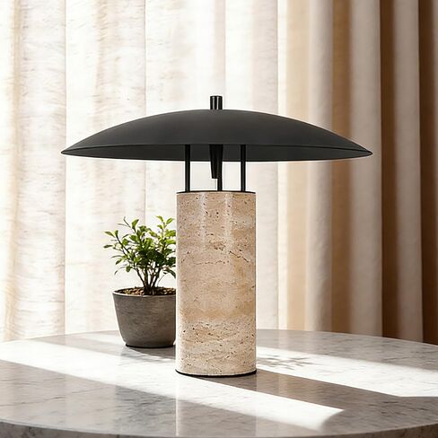 Mid-Century Modern Large Table Lamp, Natural Travertine Bedside Lamp with Matte Black Shade, Organic Nightstand Lamps for Bedroom, Kid Room, Nursery, Living Room Home Decor, G45 Bulb (Bulb Included) in Kuwait