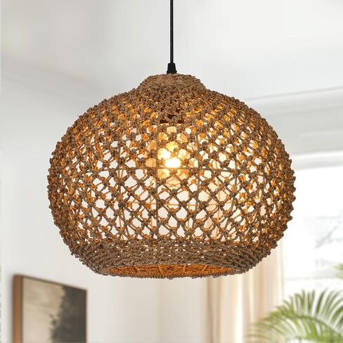 13.7" Boho Pendant Lights Kitchen Island, 1-Light Coastal Hand Woven Rattan Chandelier Farmhouse Wicker Hanging Lamp Fixture for Dining Room, Bedroom, Living Room, Nursery, Entryway, Foyer in Kuwait