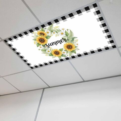 Fluorescent Light Covers, Watercolor Floral Magnetic Light Covers for Ceiling Lights, Summer Daisy Sunflowers Plants Black Plaid Fluorescent Ceiling Shade for Classroom Bedroom Office 4x2Ft x 2PCS in Kuwait