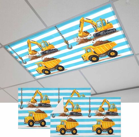 Fluorescent Light Covers, Yellow Truck Magnetic Light Covers for Ceiling Lights, Cartoon Blue Striped Farmhouse Modern Art Fluorescent Ceiling Shade Filters for Classroom Bedroom Office 4x2Ft x 2PCS in Kuwait