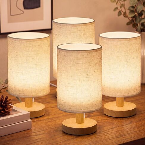 Gerrii 4 Pack Small Bedside Table Lamp for Bedroom with USB Powered Wooden Base & Linen Fabric Shade Warm Eye-Care Night Light LED Desk Lamp for Bedroom Nightstand Living Room Nursery(Floral) in Kuwait